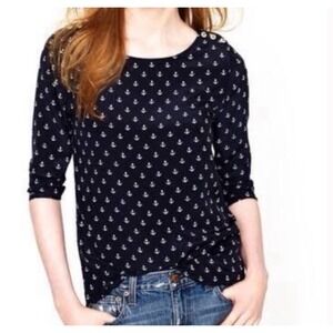 J.Crew Navy Ancor Print 100% Silk 3/4 Sleeve Lightweight Cottagecore Blouse sz00
